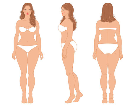 Plus size female fashion figure templates. Curvy woman body vector illustration, front, side, and back views. Curvy fashion model croquis. Female colored croquis with face and hair