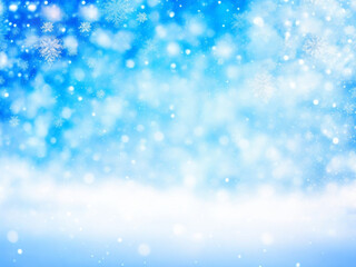 Fototapeta premium Random falling snow flakes wallpaper. Snowfall dust freeze granules. Snowfall sky white teal blue background. Snow nature scenery.