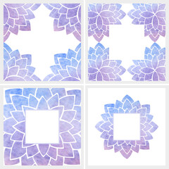 Set of frames and seamless pattern with silhouettes of blue and purple stylized lotus flowers - 657097137