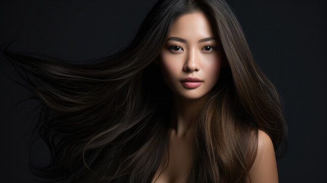 portrait of an asian  woman with long  hair , beauty shot , ai generated