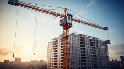 Fototapeta premium Construction crane on the background of houses in the city. Construction site of a new residential complex concept. Sunny day. 