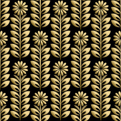 Luxurious seamless pattern with golden ornament on black background. Template for design in antique style.