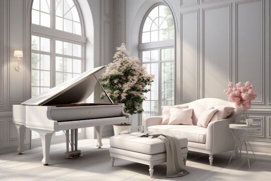3D rendering of a serene music room with a grand piano PNG Cutout, Generative AI