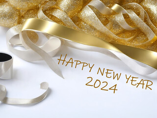 2024 Happy New Year Poster with golden and silver ribbon. New year 2024 concept