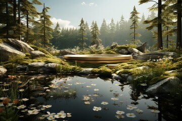 3D rendering of a spa with a calming forest pond PNG Cutout, Generative AI