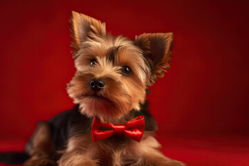 Yorkie Dog  celebrating Christmas, wearing a red glitter bow tie, red background