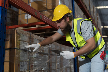 Male warehouse worker scanning barcodes on boxes on shelf pallet in the storage warehouse. Male...