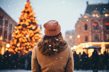 back view of a woman standing next to a Christmas tree in the city