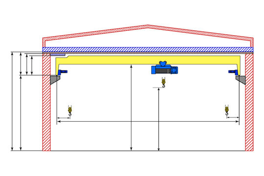 recommend clip art: Overhead crane sketch with dimensions. Dimensional drawing.