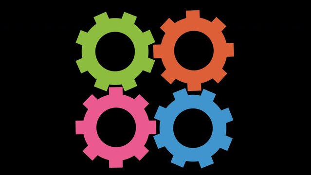 Animated colorful cogwheels combined in group of four elements, spinning on black background, seamless loop, 4k