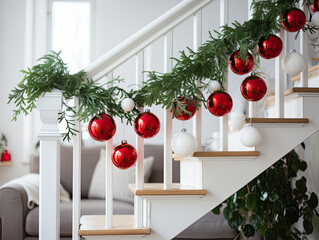 Christmas decorations, white stairs, white walls, green pine branches on the stair banisters