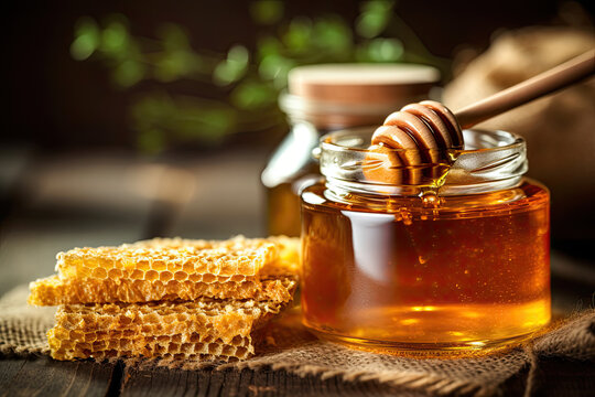 honey in glass jar with wooden spoon 
