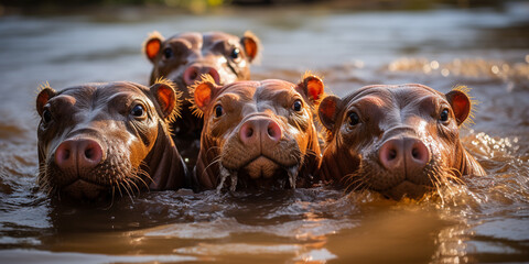 Fototapeta premium A pod of hippos, Hippopotamus amphibius, huddle together in Kenya