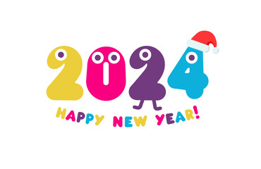 Celebrate 2024 with a funky, colorful, and playful new year design. Perfect for kids and the young at heart. Vector illustration.
