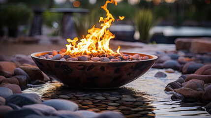 a fire in a fire bowl in the garden