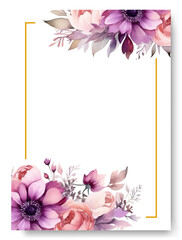 Arrangement of purple chrysanthemum flowers and leaves at corner frame hand painting on wedding invitation card. Beautiful wedding card invitation.