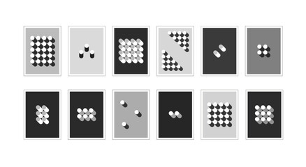 Bauhaus posters. Set of twelv abstract vertical collages with black and white cylinders.