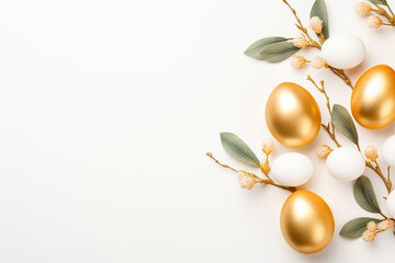 Golden Easter eggs on white background, Easter banner 