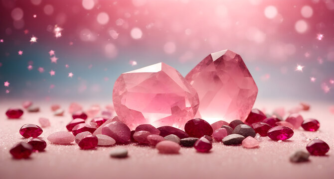 Rose Quartz and Ruby stones on pink bokeh background. Love and healing stones. 