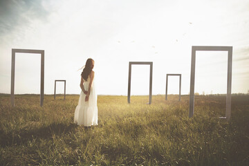 woman faced with the choice of multiple possibilities of surreal doors for her future life;...