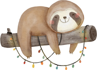 Sloth bear is sleeping on branch of tree and light garlands . Christmas concept . Watercolor paint cartoon characters . PNG .