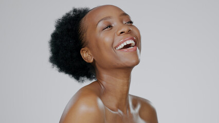 Black woman, afro and smile with beauty, skincare and healthy skin for portrait, moisturizer and...