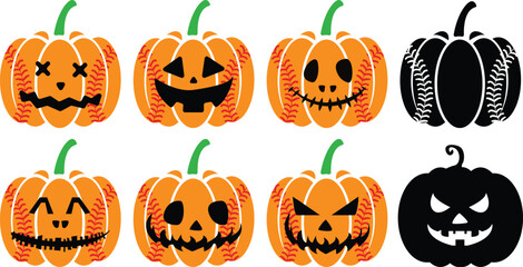 Pumpkin Baseball Halloween, Happy Halloween,  with Orange pumpkin with smile , Vector illustration.