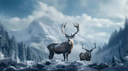 Deer stag in mountain peaks. Winter landscape