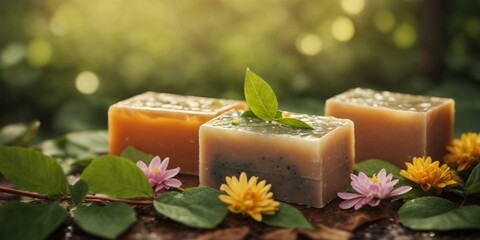 Fototapeta na wymiar Natural handmade soap bars with flowers in a natural background with leaves with small water drops. spa organic soap. Healthy skin care. SPA concept.