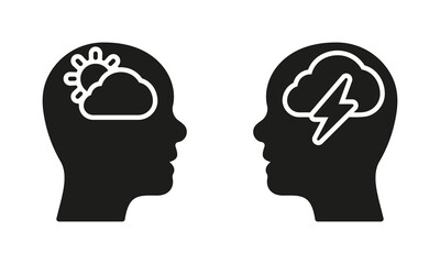 Human Head with Sad and Good Mood Pictogram. Pessimism and Optimism Solid Sign. Positive and Negative Thinking Silhouette Icon Set. Healthy Mind Symbol. Mental Health. Isolated Vector Illustration