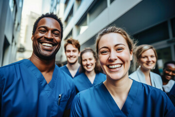 Multicultural Group of Smiling Doctors and Nurses at the Hospital - obrazy, fototapety, plakaty