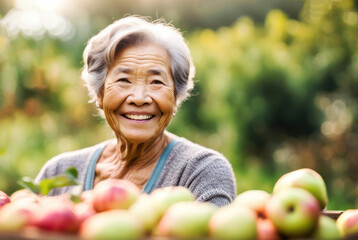 Elderly asian woman harvesting apples - obrazy, fototapety, plakaty