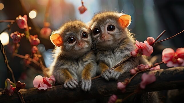 Happy couple of tarsier monkey falling in love on tree.