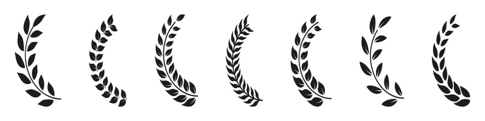 Olive Leaf Ornate, Floral Border, Vintage Tree Branch Color Icon Set. Natural Heraldic Decoration Collection. Laurel Wreath In Half Circle Shape. Isolated Vector Illustration