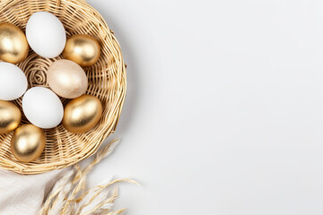 Easter eggs in a basket, Easter banner, top view 