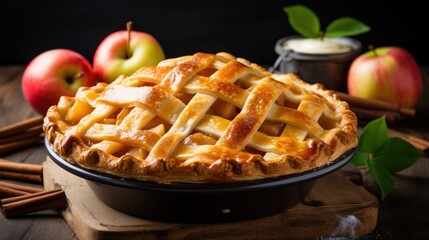 Apple pie with lattice crust, golden brown and steaming hot