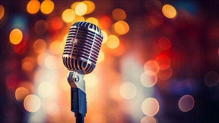 Close-up on a microphone on a background illuminated by many colorful and blurry lights, bokeh effect