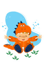 Cute dinosaur and cute boy wearing dino pajama. Shirt print, Birthday theme, card illustration