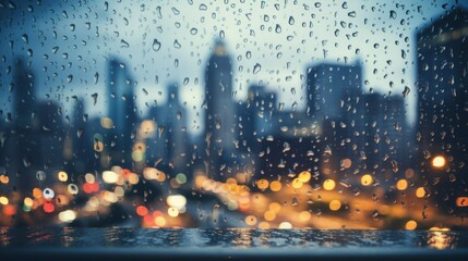 Raindrops on window with blurred cityscape in background