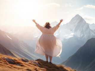 Exhilarated, overweight, plus sized woman climbing and summiting a mountain, symbolising motivation and overcoming, stigmatism. Fitness and weight loss, beating goals. Fashion clothing.