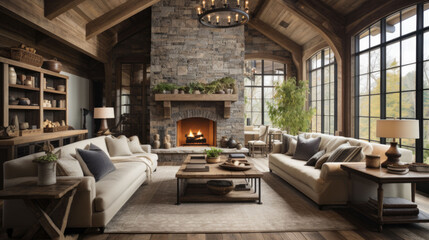 Rustic elegant house meets modern interior with fireplace