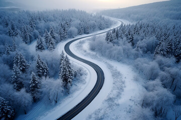 Aerial view of empty curvy asphalt road, surrounded by snowy trees, winter forest landscape. Travel and transport concept. AI generative photography. - Powered by Adobe
