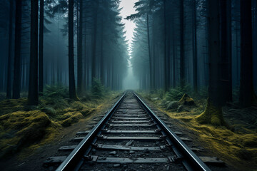 Railway to nowhere. Straight rails in forest landscape, disappearing into the horizon. Mysterious and moody nature.  AI generative photography. - obrazy, fototapety, plakaty