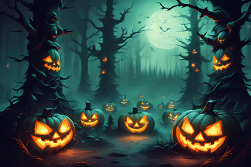 Fototapeta premium Eerie forest with glowing jack-o'-lanterns