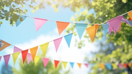 colorful pennant string decoration in green tree - obrazy, fototapety, plakaty