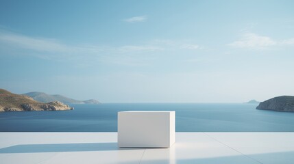 Minimalist white podium set against a calm ocean back - obrazy, fototapety, plakaty
