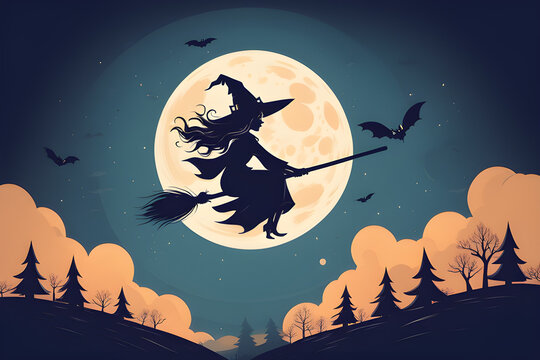 Silhouette of a witch flying on a broomstick across a full moon