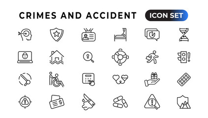 Crimes and accident linear icons collection.Set of thin line web icon set, simple outline icons collection, Pixel Perfect icons, Simple vector illustration