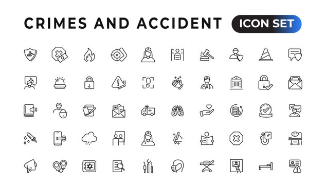 Crimes and accident linear icons collection.Set of thin line web icon set, simple outline icons collection, Pixel Perfect icons, Simple vector illustration