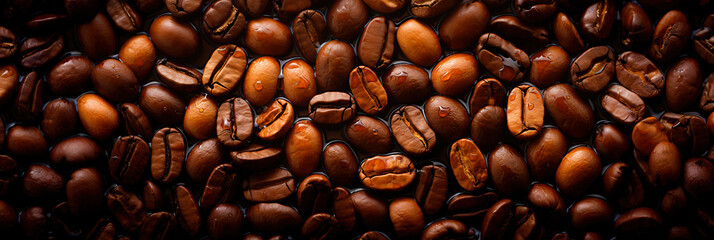 Fresh coffee beans banner. Coffee beans background. Close-up food photography